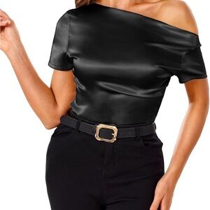 Vidussa size  large black stretch silk off shoulder top shirred side